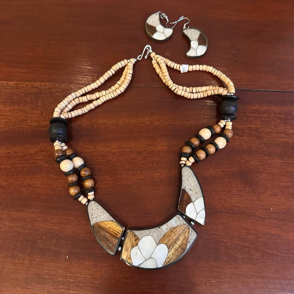 Made in Phillipines Inlay Necklace Beaded Earrings Brown Tan Neutral Jewelry